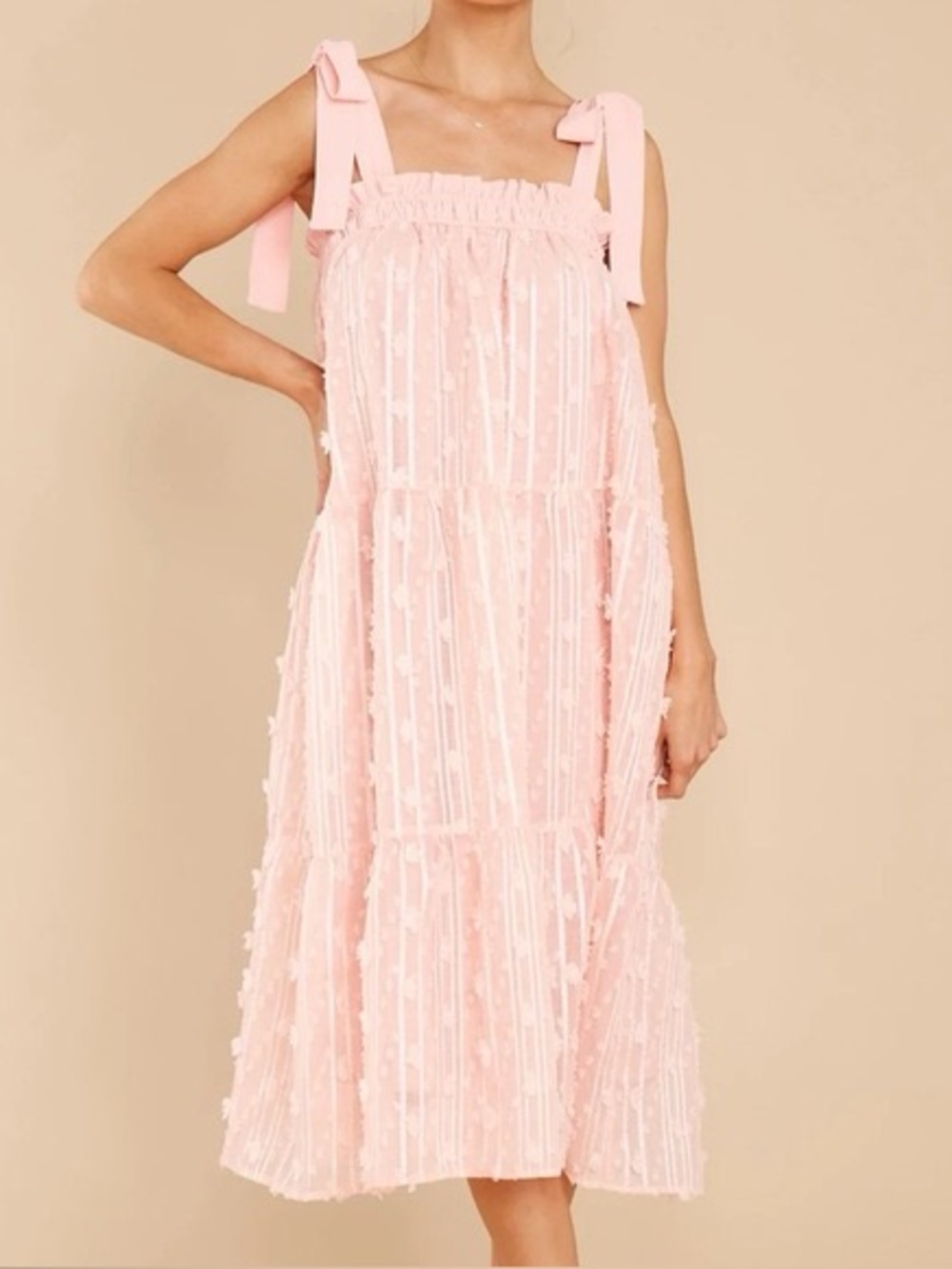 Aura Sweet Lady Tie Shoulder Tiered Appliqué Midi Dress Size Large